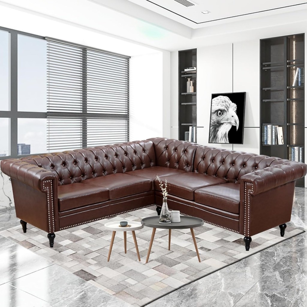 Vastus Kahverengi L Şekilli Chesterfield Koltuk, Modern Modüler 5 Kişilik Köşe Kanepe