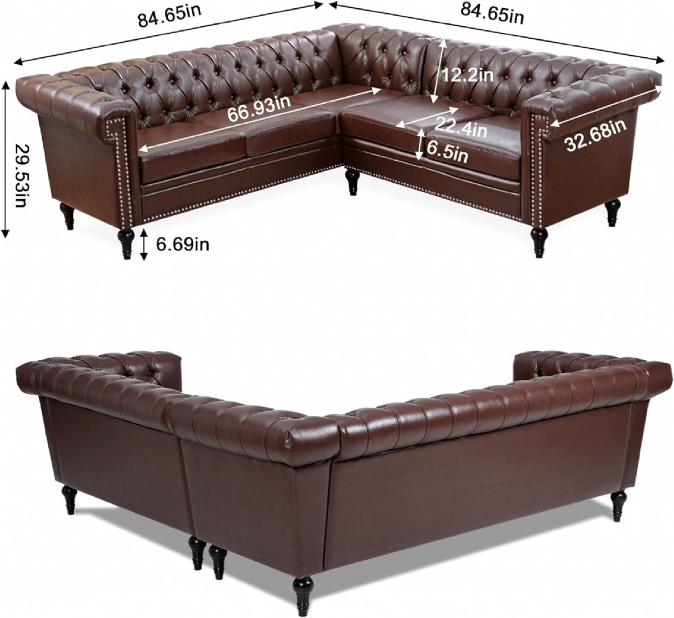 Kodu: 475 - Vastus Kahverengi L Şekilli Chesterfield Koltuk, Modern Modüler 5 Kişilik Köşe Kanepe