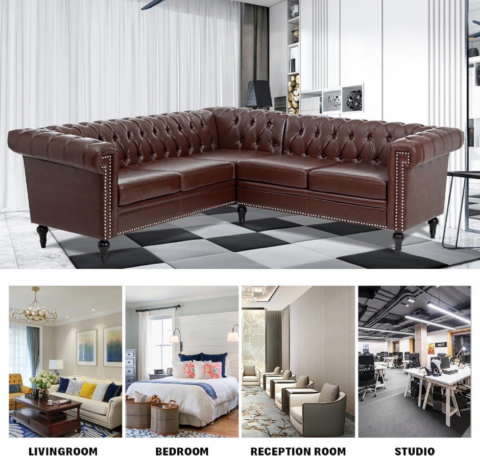 Kodu: 479 - Vastus Kahverengi L Şekilli Chesterfield Koltuk, Modern Modüler 5 Kişilik Köşe Kanepe