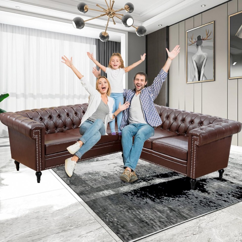 Kodu: 480 - Vastus Kahverengi L Şekilli Chesterfield Koltuk, Modern Modüler 5 Kişilik Köşe Kanepe