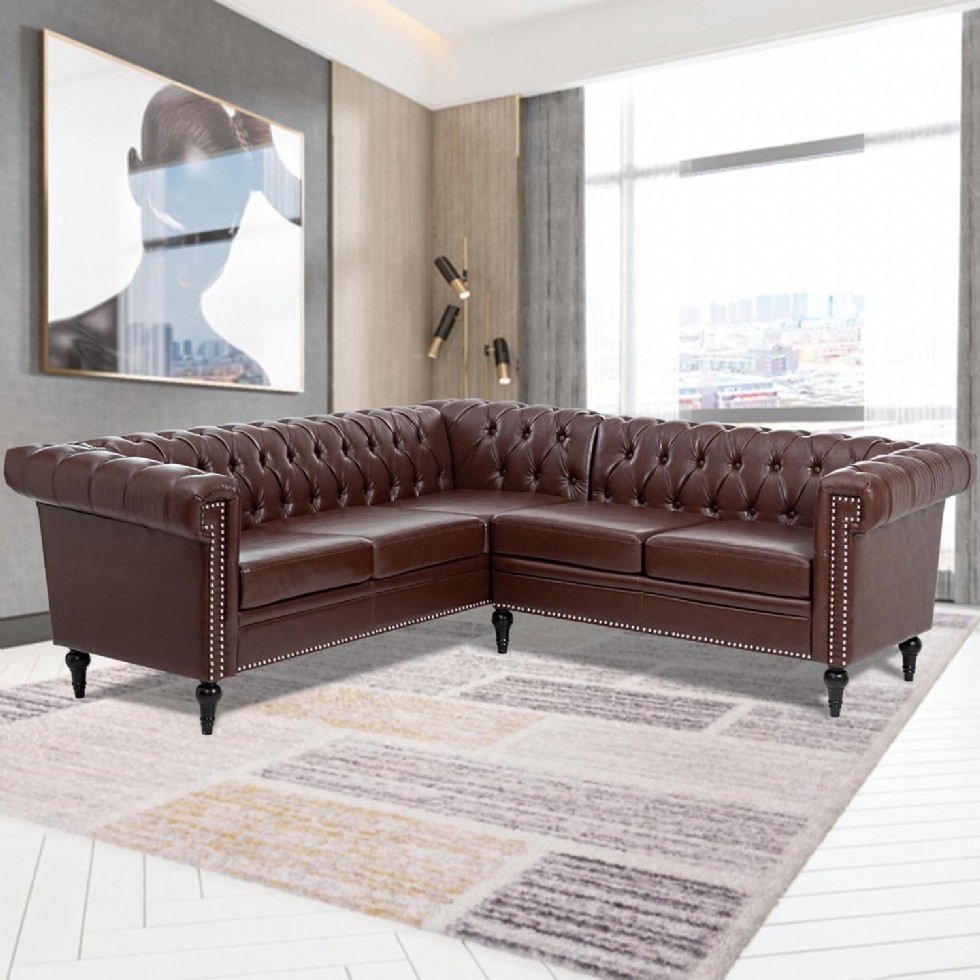 Kodu: 481 - Vastus Kahverengi L Şekilli Chesterfield Koltuk, Modern Modüler 5 Kişilik Köşe Kanepe