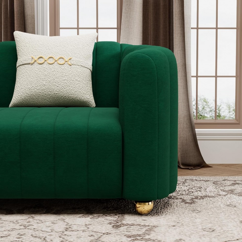 Kodu: 398 - Yeşil Kadife 2 Parça Koltuk Takımı, Modern Altın Ayaklı Kanepe, Ofis Ve Salon