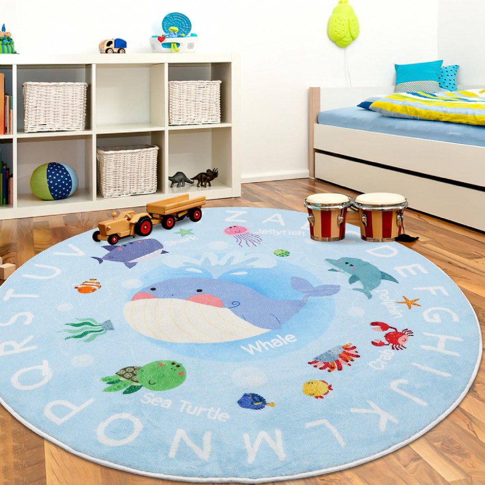 Kodu: 758 - Yumuşak Yuvarlak Abc Çocuk Halısı, 4 Ft Yıkanabilir, Kaymaz Balina Alfabe Halısı
