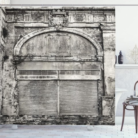 Ambesonne Rustik Duş Perdesi, Monokrom Eski Dükkan Görünümlü, 175x178 Cm, Gri