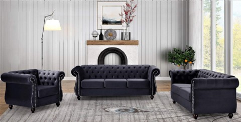 Feinstein Modern Kadife Chesterfield Koltuk, Çivili, Elmas Tuf, Metal Çerçeve, Siyah