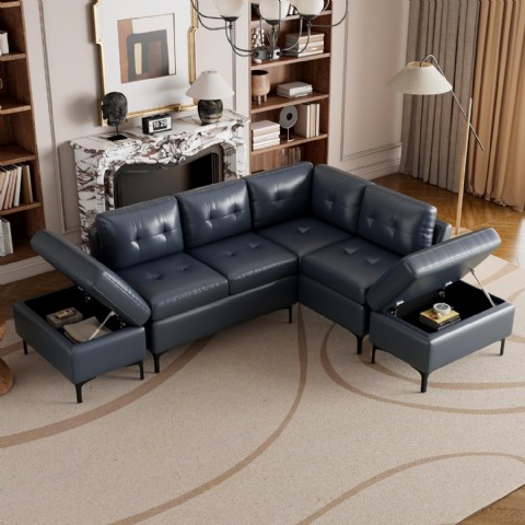 Linique 240 Cm L Şekilli Pu Deri Koltuk, 2 Hareketli Saklama Osmanlı, Modern Köşe Takımı, Mavi