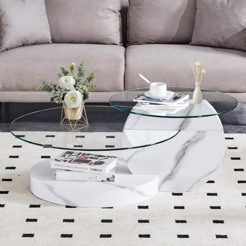 Modern Çift Katmanlı Yuvarlak Cam Sehpa 42 İnç Beyaz