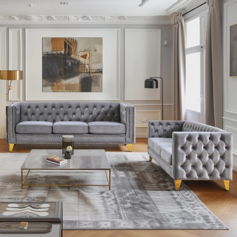 Modern Kadife 2 Parça 3+3 Koltuk Takımı, 205 Cm, Altın Detaylı, Gri, Kare Kollu