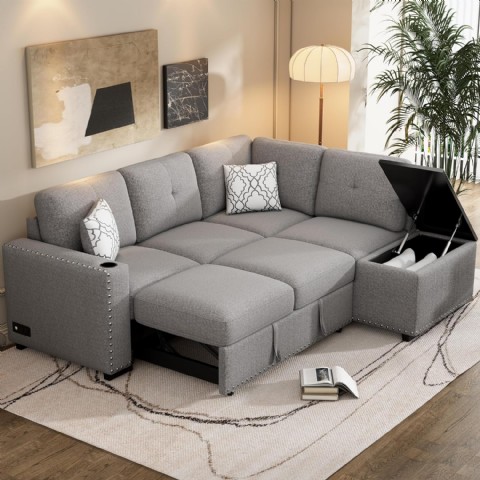 Modern L Koltuk, Depolamalı Ve Usb Girişli, 213 Cm, Gri, Çekyat