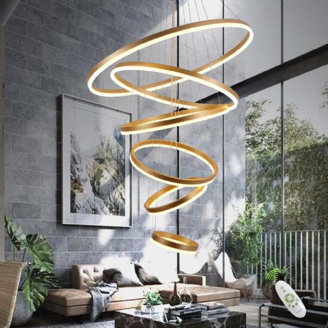Modern Led 6 Halkalı Lüks Altın Avize, Uzaktan Kumandalı, 3 Renk Değiştiren, Yemek Odası