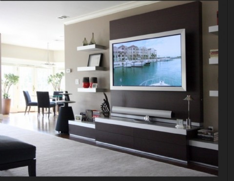Modern Tasarımlı Venge Renk Duvara Monte Raflı Şık Tv Ünitesi Modeli