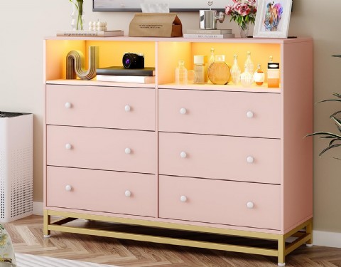 Pembe 6 Çekmeceli Şifonyer, Led Işık Ve Şarj İstasyonlu