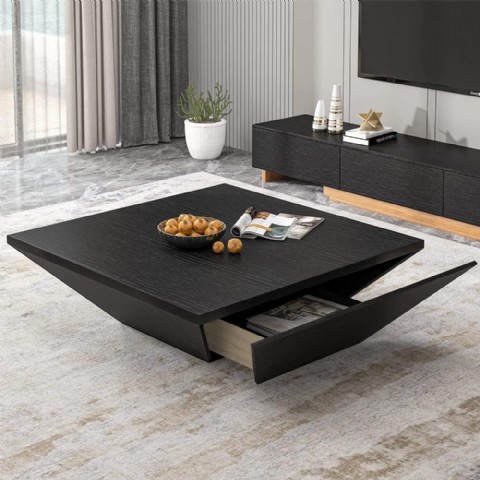 Povıson Modern Ahşap Kahve Sehpası, 100 Cm Siyah, Çekmeceli, Depolamalı