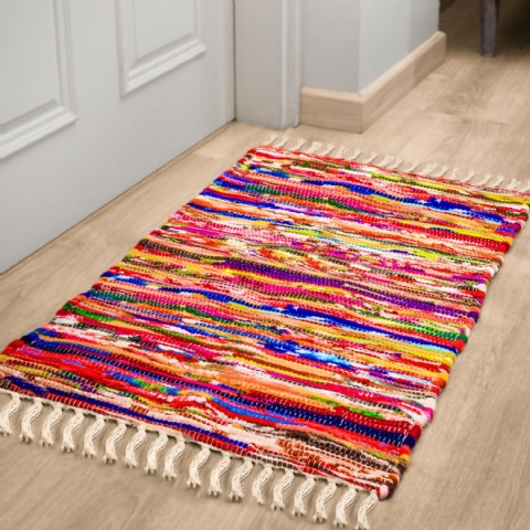 Rajrang Boho Chindi Halı 50x80 Cm - El Dokuma Geri Dönüşüm Çok Renkli Püsküllü Paspartu