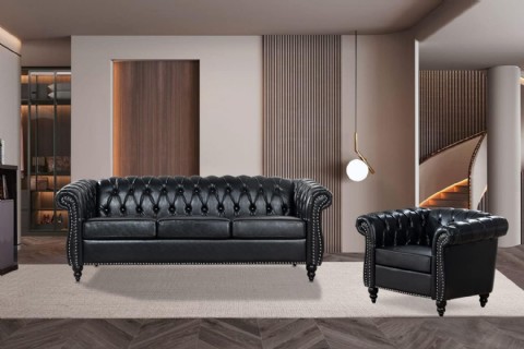Siyah Chesterfield Koltuk Takımı, Lüks Suni Deri, 3'lü Kanepe Ve Koltuk, Kolay Kurulum