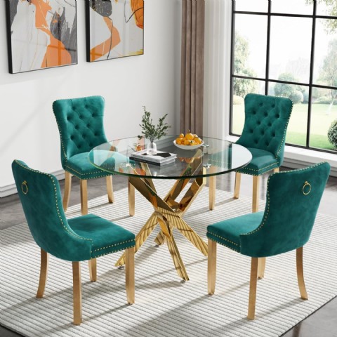 Ssline Modern 5 Parça Yuvarlak Cam Yemek Masası Ve 4 Yeşil Sandalye