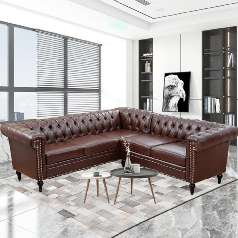Vastus Kahverengi L Şekilli Chesterfield Koltuk, Modern Modüler 5 Kişilik Köşe Kanepe