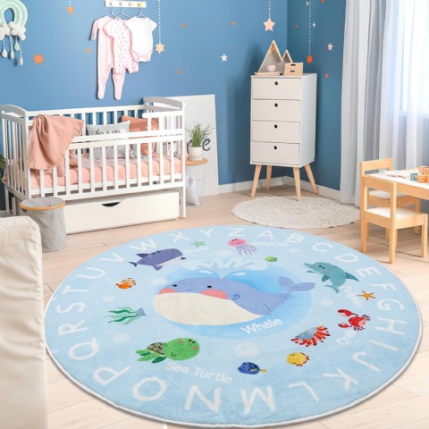 Yumuşak Yuvarlak Abc Çocuk Halısı, 4 Ft Yıkanabilir, Kaymaz Balina Alfabe Halısı